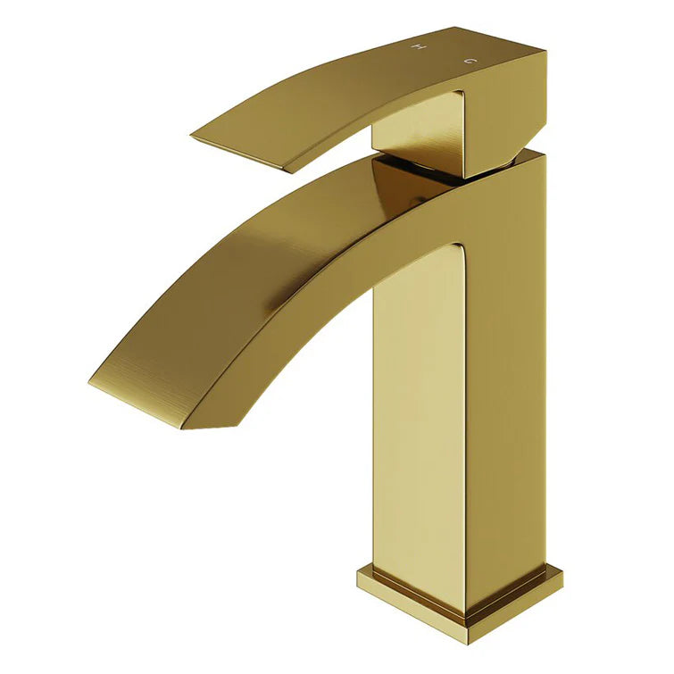 Model 26 waterfall style bathroom vanity single hole faucet in a brushed gold colour.