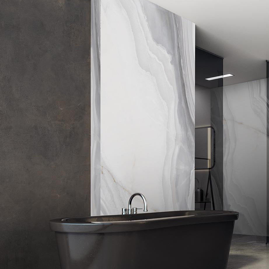 Agata Oyster polished porcelain slab with a white marble design, for feature walls. Made in Italy, in a 4x9' size.