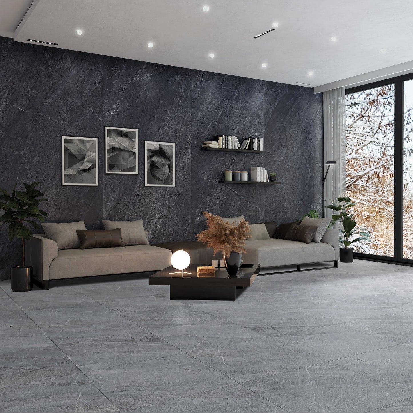 Agathos Grey matte porcelain tile with a stone design, for floors and walls. Made in Italy, installed in a room.