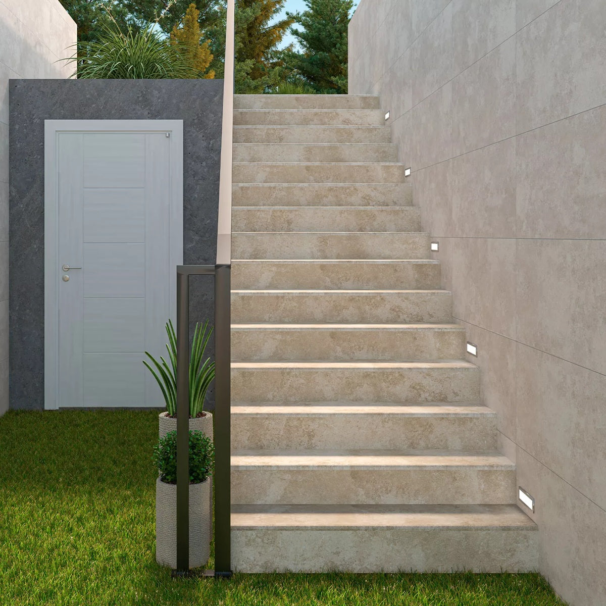 Ain Arena matte porcelain tile with a beige cement design for interior and exterior floors and walls. Installed outside.