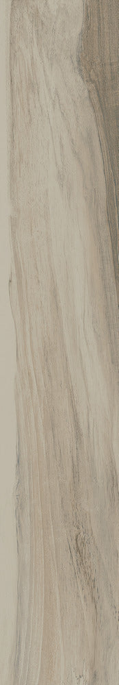 Amazzonia Almond matte porcelain tile with a taupe wood design, for floors and walls. Made in Italy, in a 8x48" size.