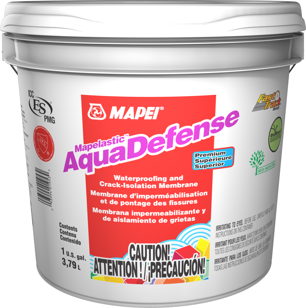Mapei Mapelastic AquaDefense liquid rubber waterproofing membrane, in a 3.79 L bucket.