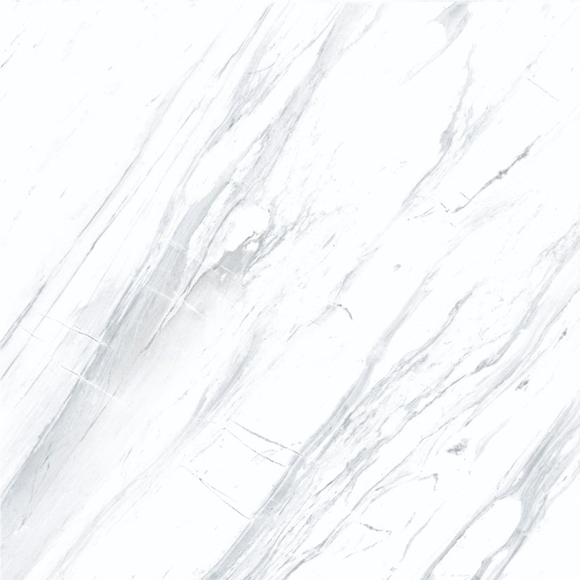 Arabescato Pearl polished porcelain tile with a white and grey marble design, for floors and walls. In a 24x24" size.