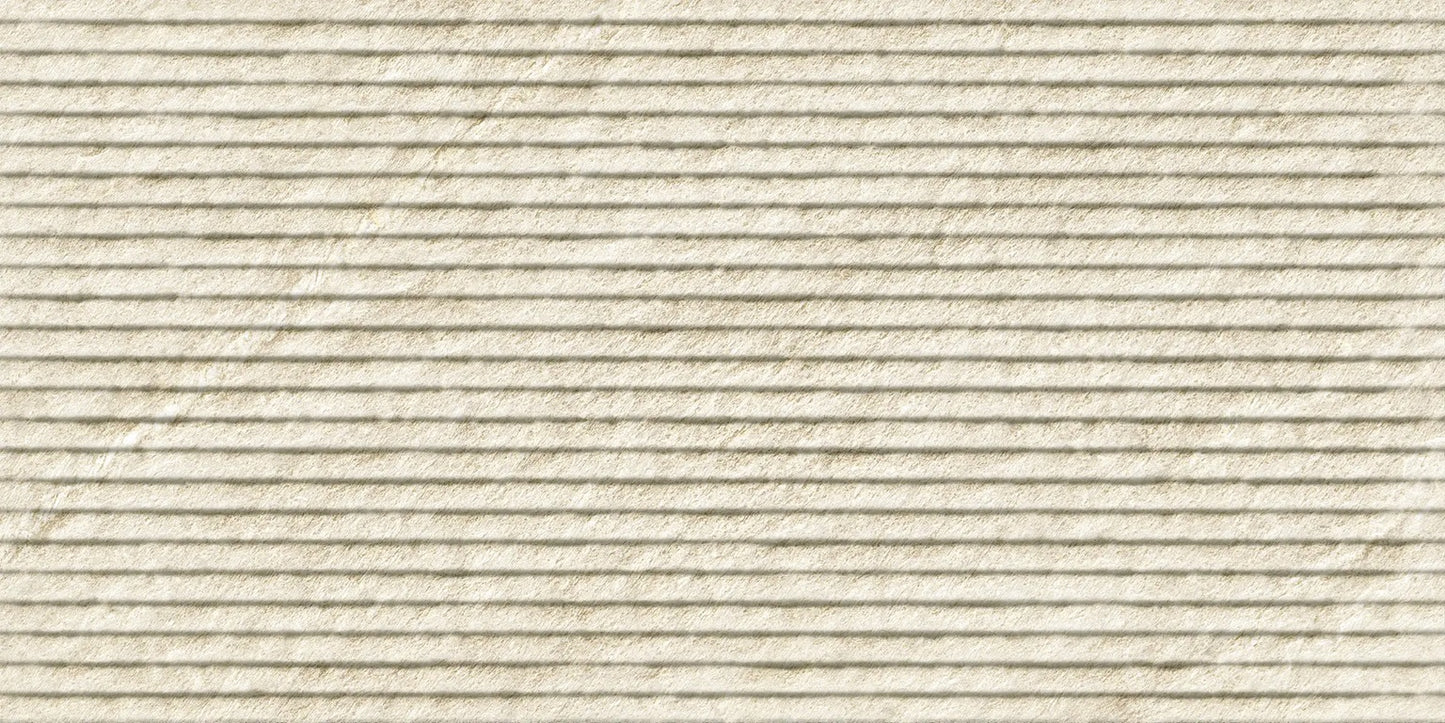 Ardena Ivory matte porcelain tile with a beige cascade design, for feature walls. Made in Spain, in a 12x24" size.