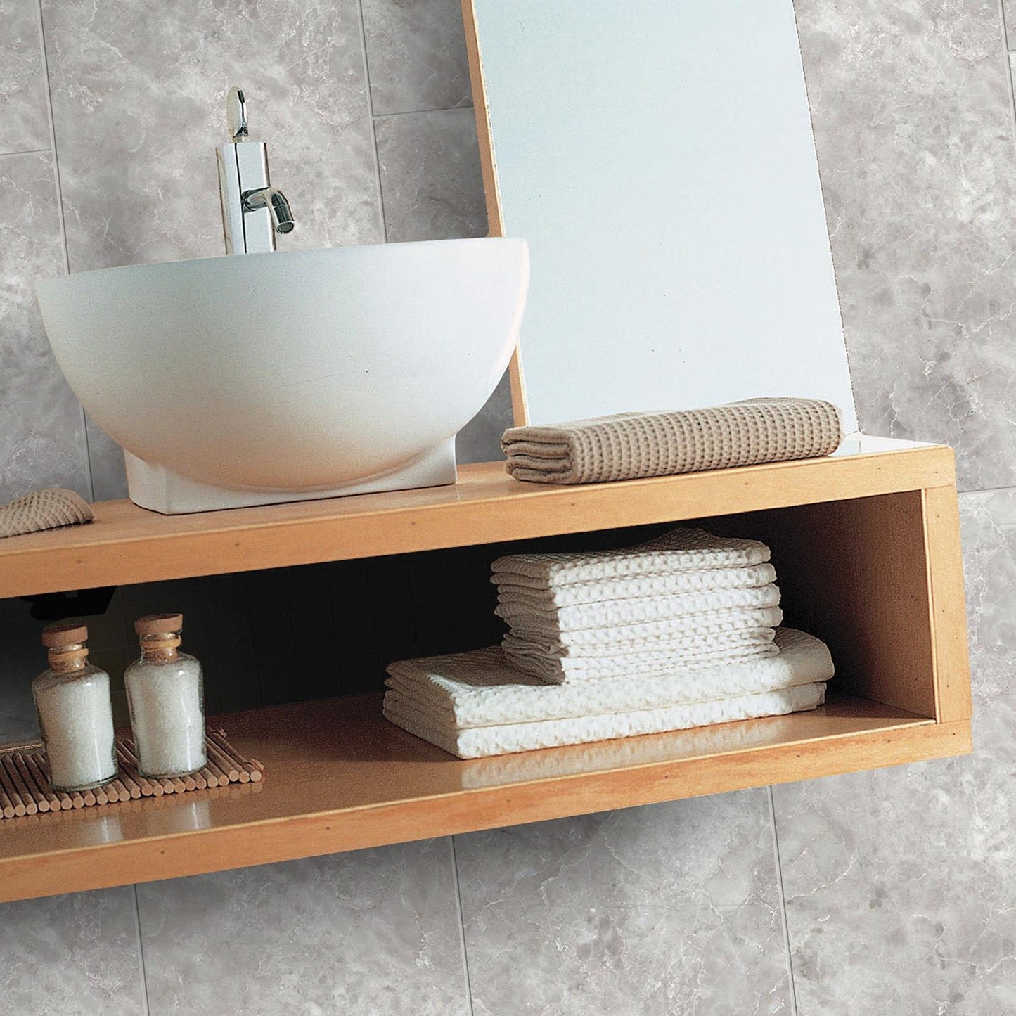 Asiago Grey stone look matte porcelain tile for floor and wall made in Italy. Installed in room.