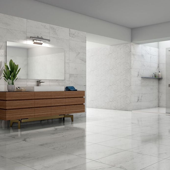 Athena Bianco matte porcelain tile with a white stone design, for floors and walls. Made in Italy, installed in a room.