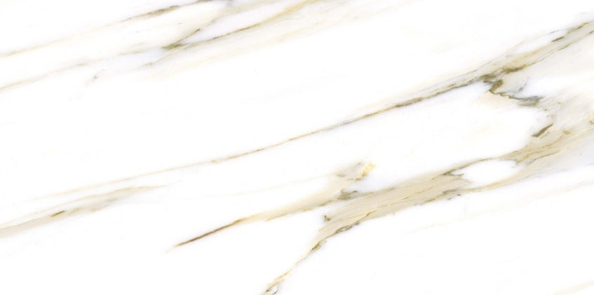 Atlanta Gold polished porcelain tile with a white/gold marble design, for floors and walls. In a 24x48" size.