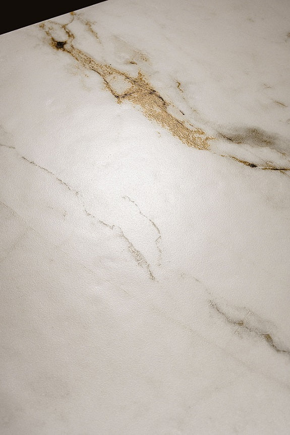 Barnaby aged porcelain tile with a white, gold, and silver marble design, for floors and walls. In a 24x48" size.