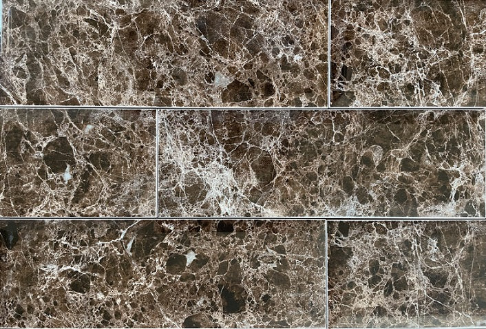 Emperador brown marble style beveled ceramic subway tile, for walls. Made in Spain, in a 4x12" size.