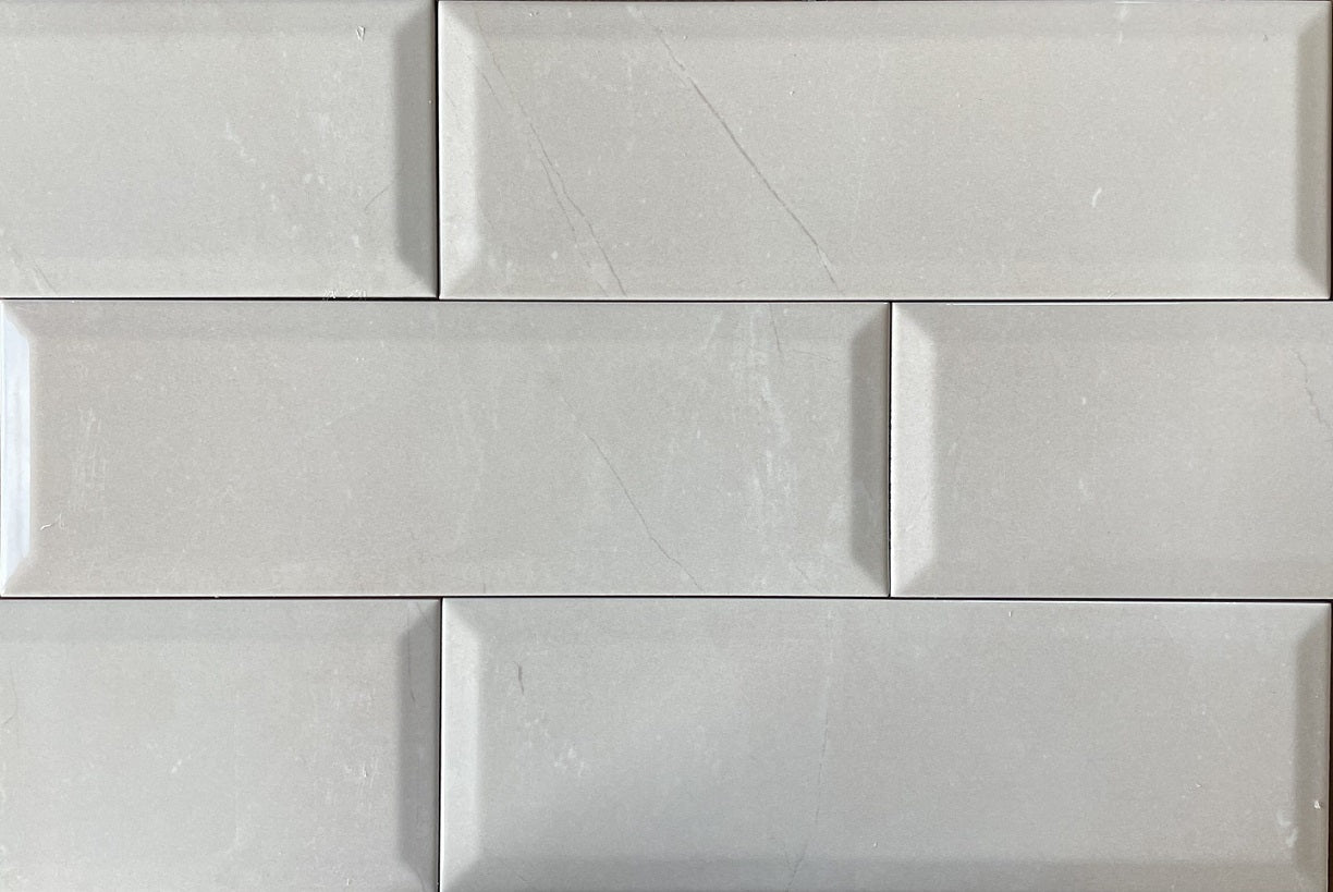 Pulpis marble style beveled ceramic subway tile, for walls. Made in Spain, in a 4x12" size.