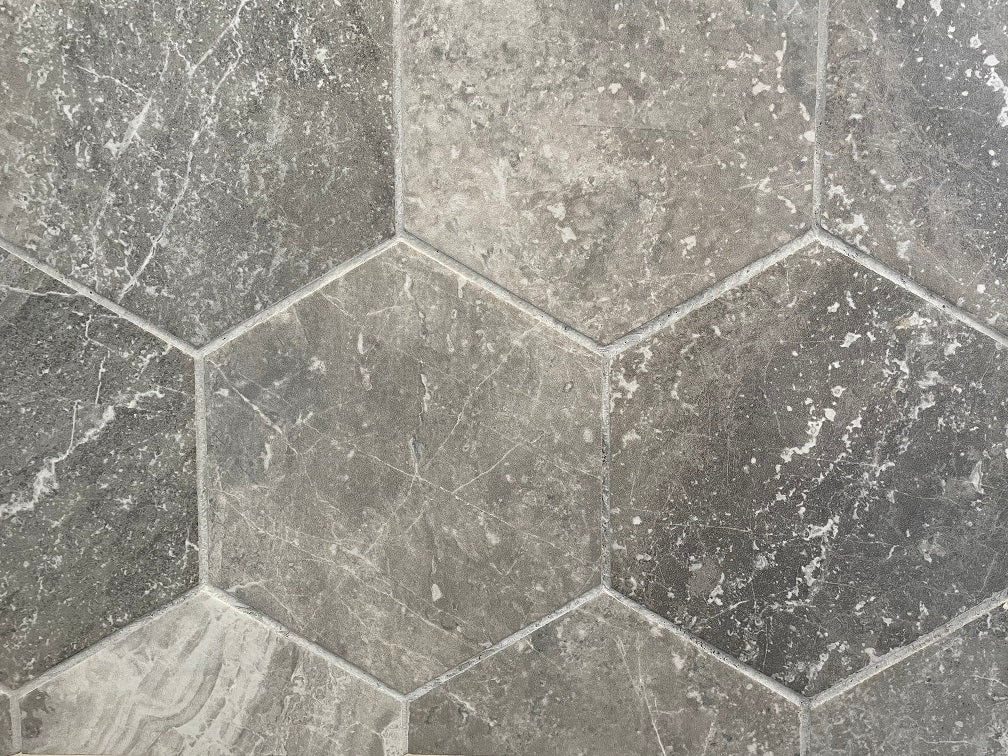 Bistrot matte porcelain tile with a taupe design, for floors and walls. Made in Italy, in a 7" hexagon size.