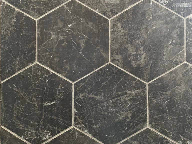 Bistrot matte porcelain tile with a black design, for floors and walls. Made in Italy, in a 7" hexagon size.