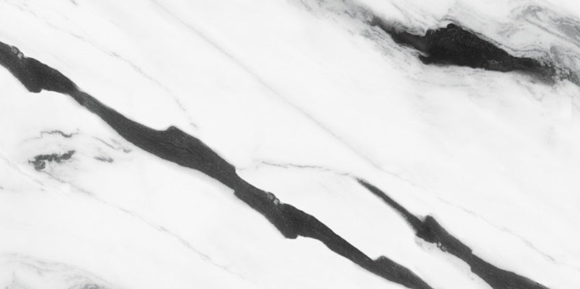 Black Panda polished porcelain tile with a white and black marble design, for floors and walls. In a 24x48" size.