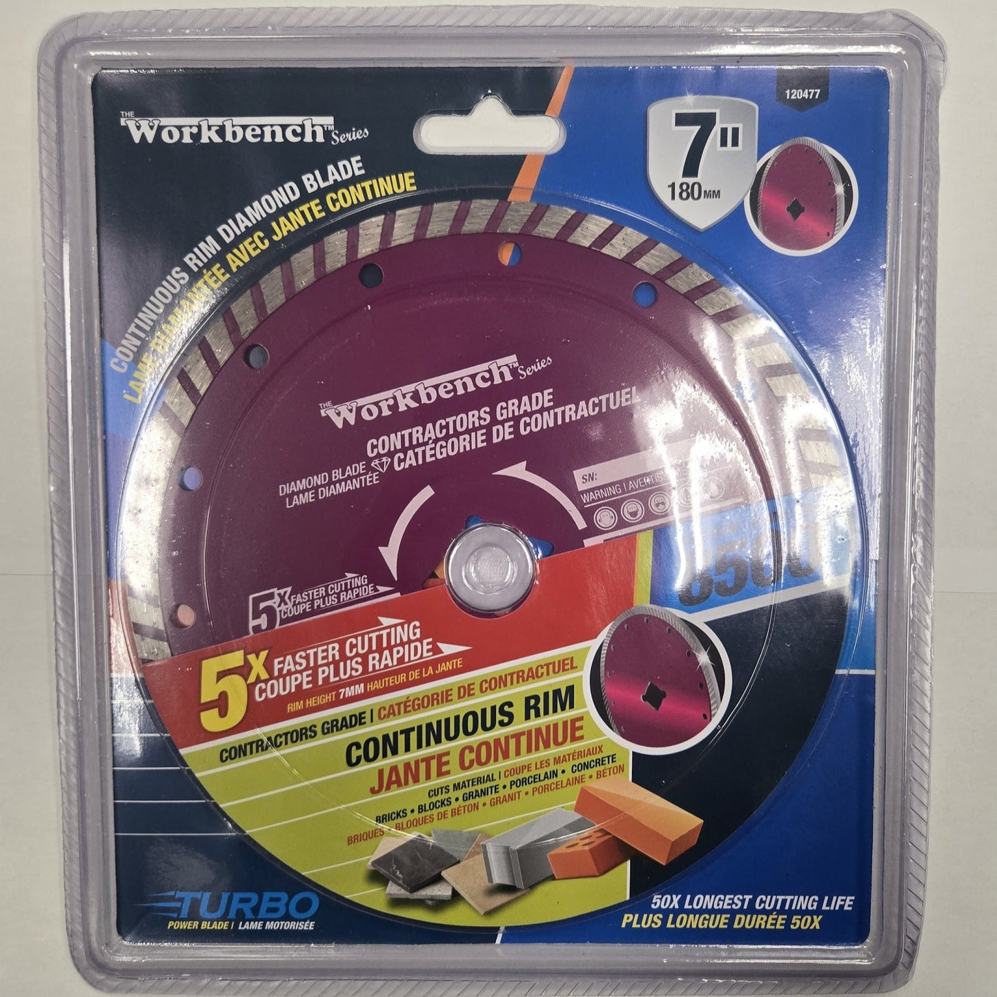 Continuous Rim Diamond Tile blade with a 7" diameter blade, for cutting of porcelain, granite, stone, etc.