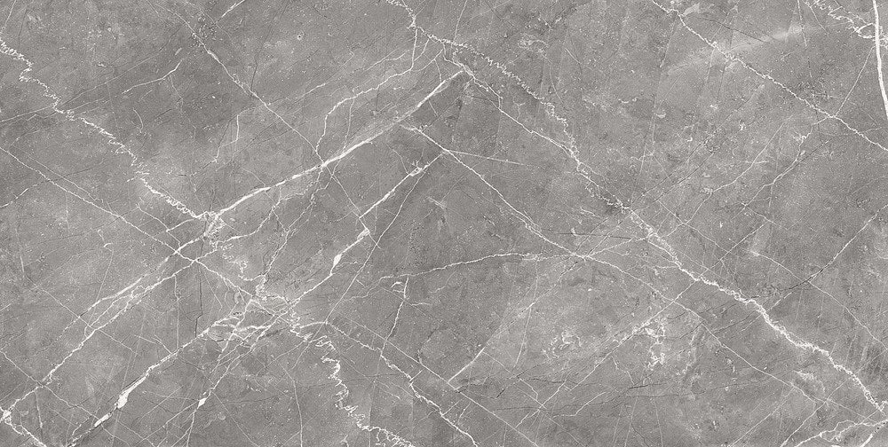 Bolonia polished porcelain tile with a grey stone design, for floors and walls. Made in Spain, in a 12x24" size.