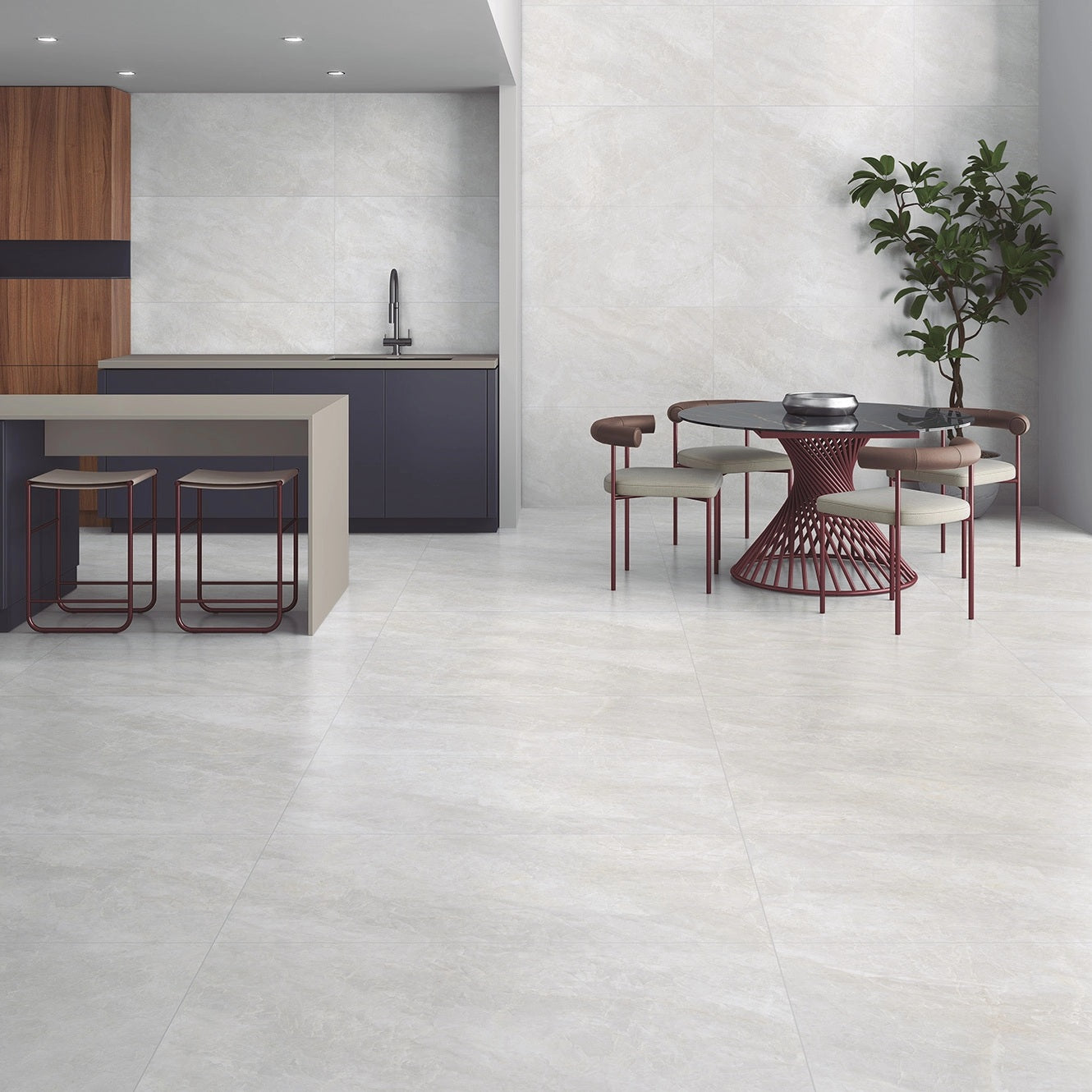 Caesars White polished porcelain tile with a white quartzite design, for floors and walls. Installed in a room.