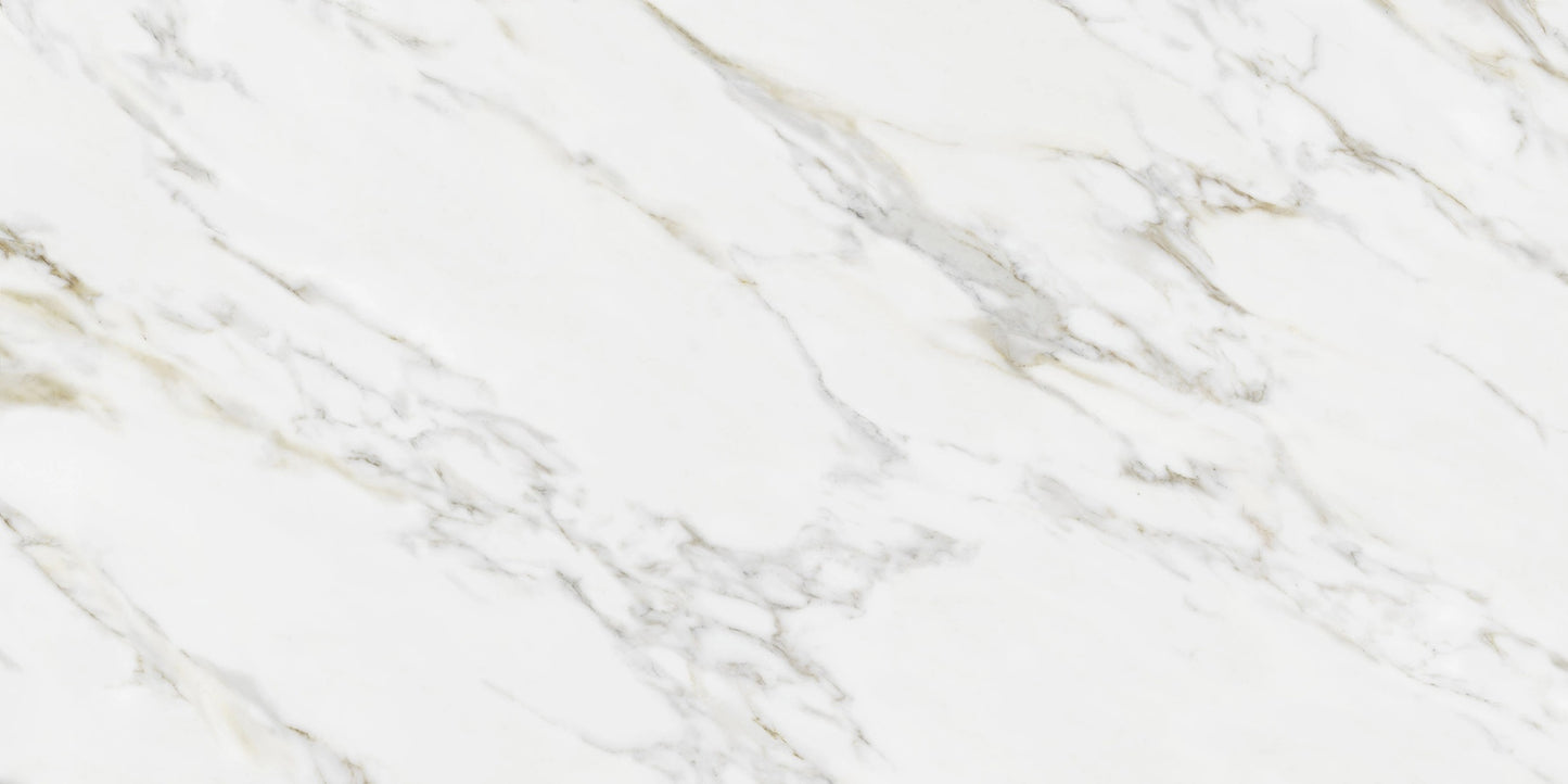 Calacatta Gold glossy porcelain tile with a white marble design, for floors and walls. Made in Spain, in a 24x48" size.