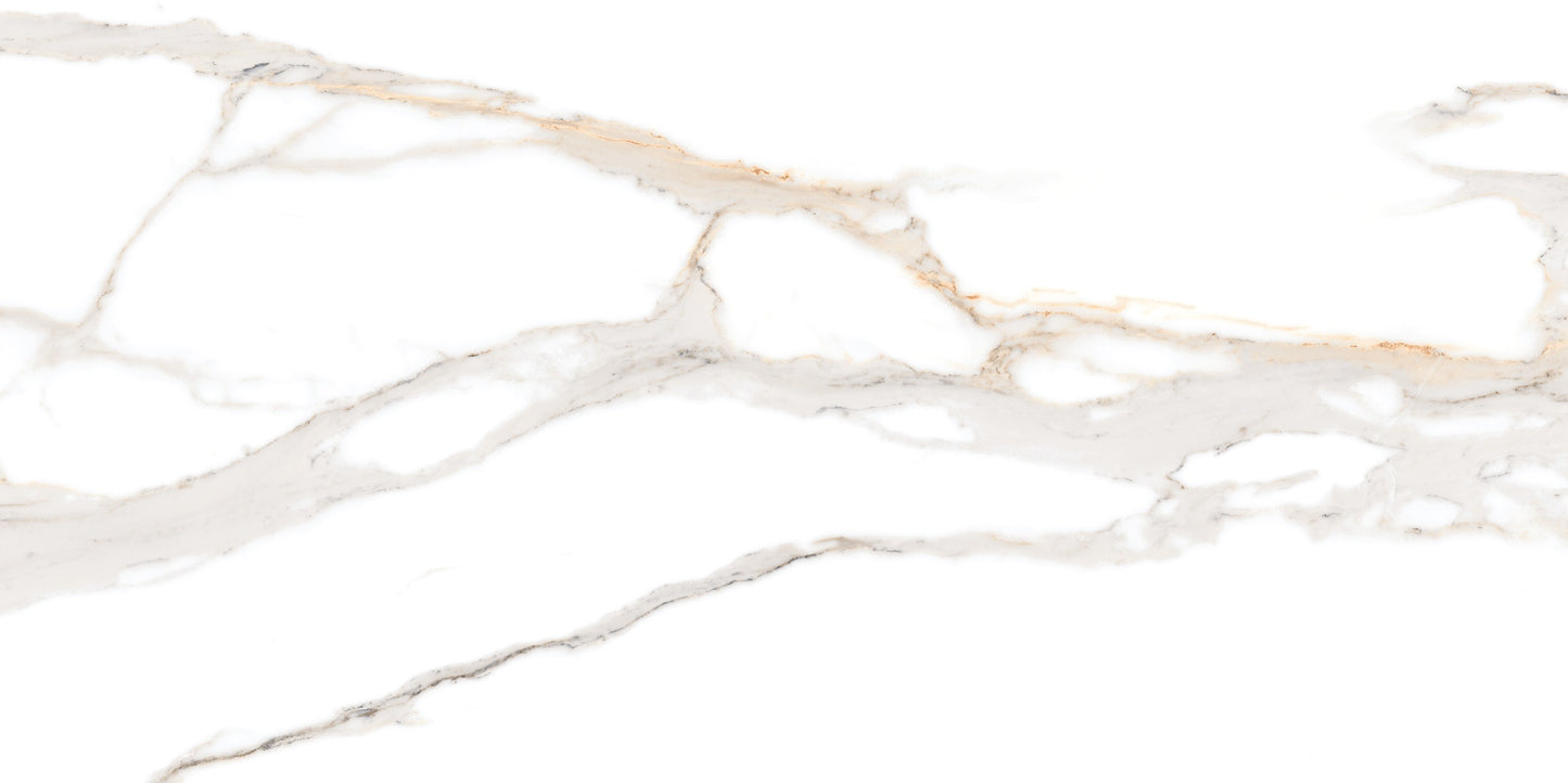 Calcutta Gold polished/matte porcelain tile with a white marble design, for floors and walls. In a 12x24" size.