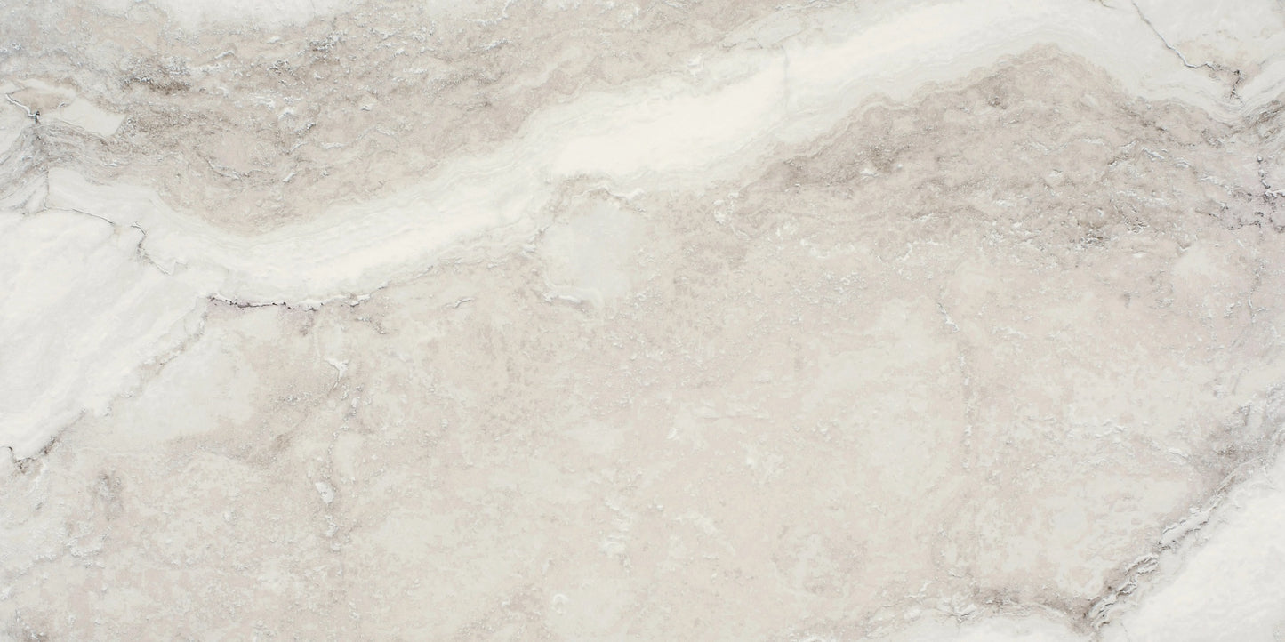 Caracalla Bianco porcelain tile with a white travertine design, for floors and walls. Made in Spain, in a 24x48" size.