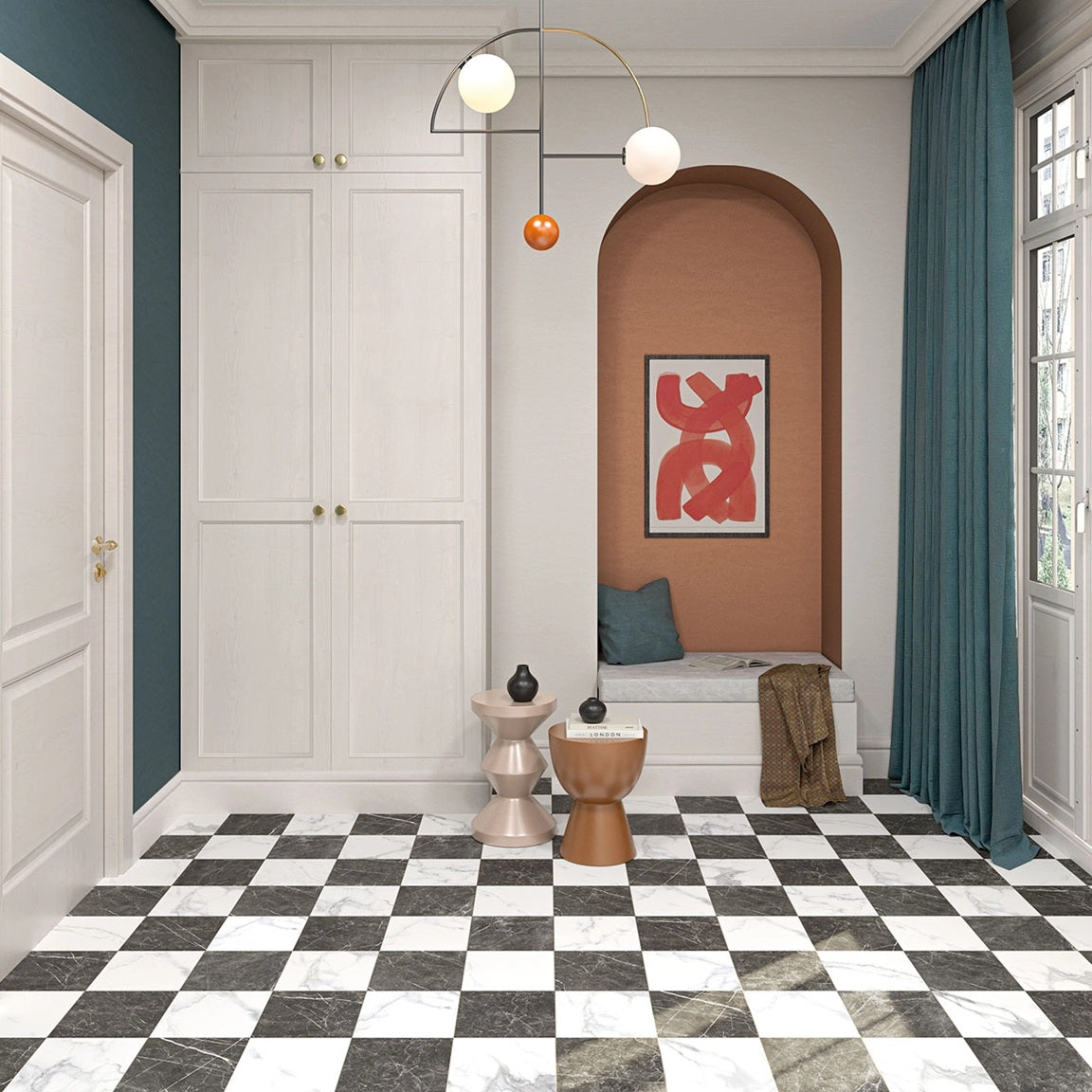 Chess Black matte porcelain tile with a white/black checkerboard design, for floors. Made in Spain, installed in a room.