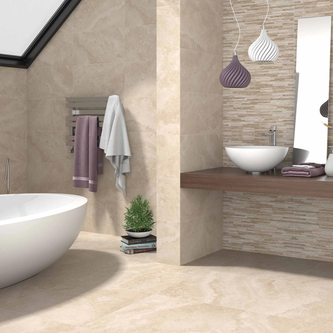 Cipriani Beige matte porcelain tile with a stone/cement design, for floors and walls. Installed in a room.