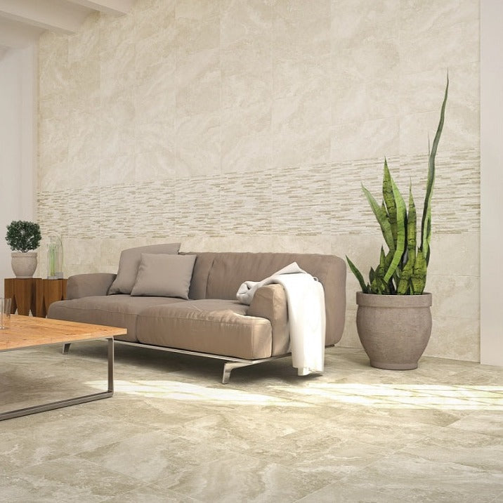 Cipriani Noce matte porcelain tile with a brown stone/cement design, for floors and walls. Installed in a room.