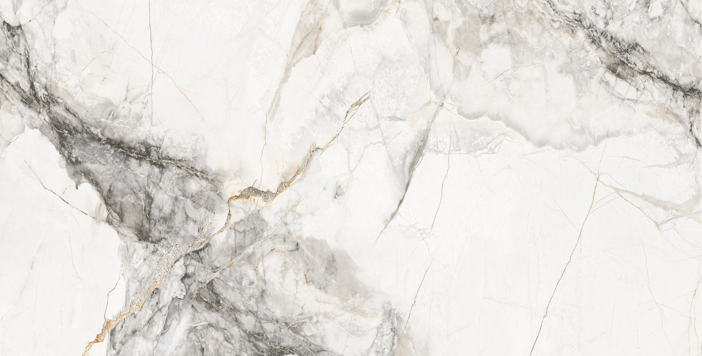 Classical polished porcelain tile with a white, gold, and grey marble design, for floors and walls. In a 24x48" size.