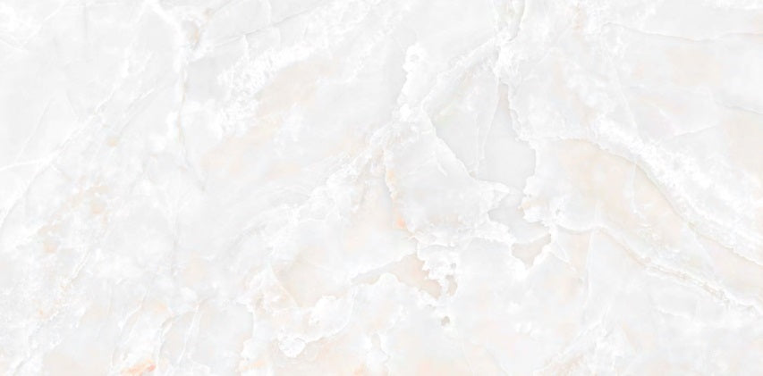 Cloudy White polished porcelain tile with a white onyx design, for floors and walls. In a 24x48" size.