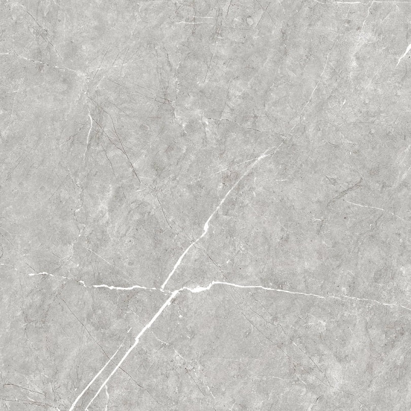Columbia Perla glossy porcelain tile with a grey stone design, for floors and walls. Made in Spain, in a 24x24" size.