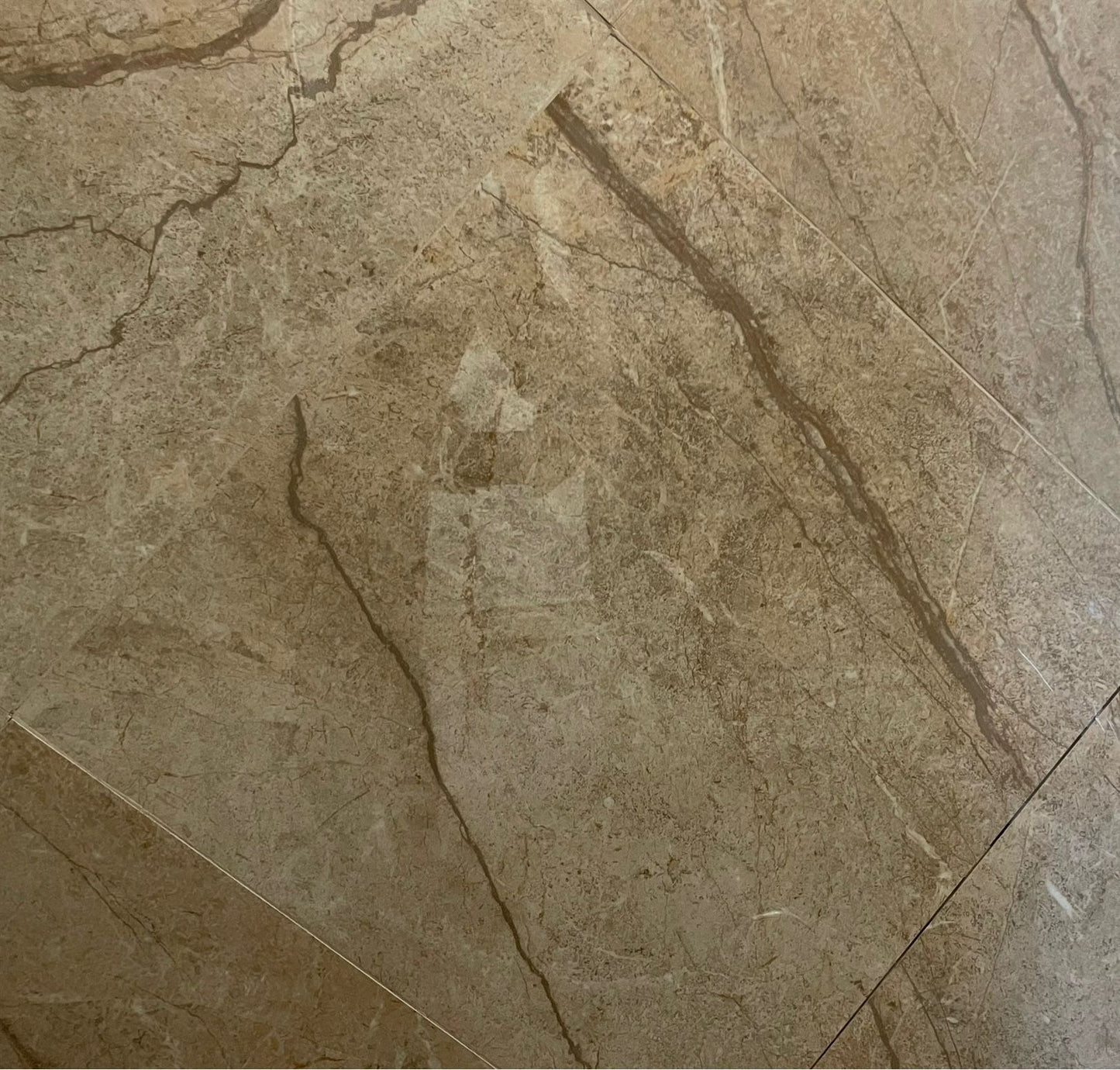 Delta Chamois polished porcelain tile with a brown marble style, for floors and walls. In a 24x24" size.