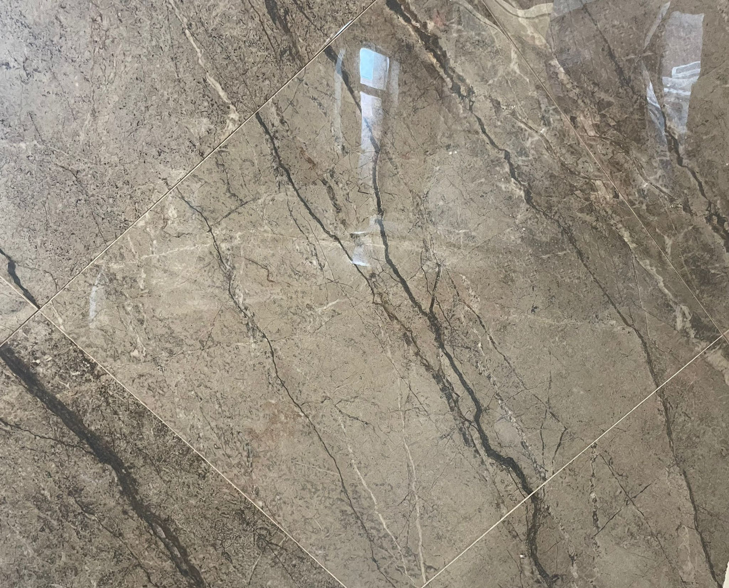 Delta Mocha polished porcelain tile with a brown marble style, for floors and walls. In a 24x24" size.