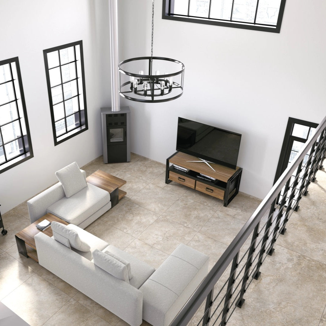 Dolomia Almond matte porcelain tile with a stone design, for floors and walls. Made in Italy, installed in a room.