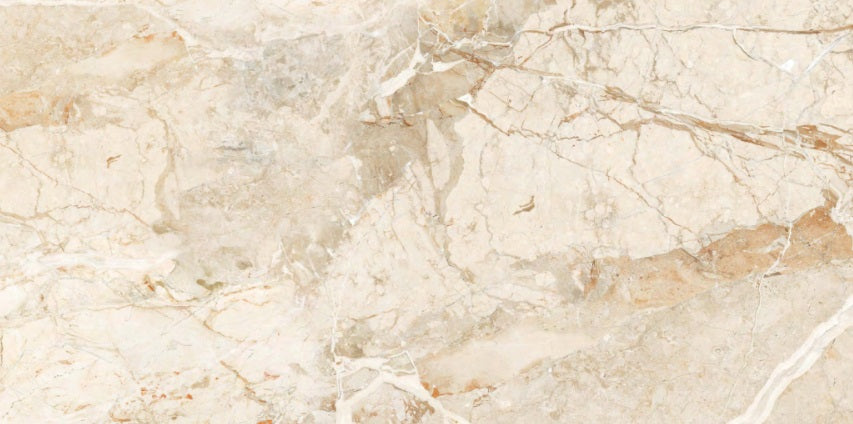 Dyna Classic Beige polished porcelain tile with a beige and brown marble design, for floors and walls. In a 24x48" size.