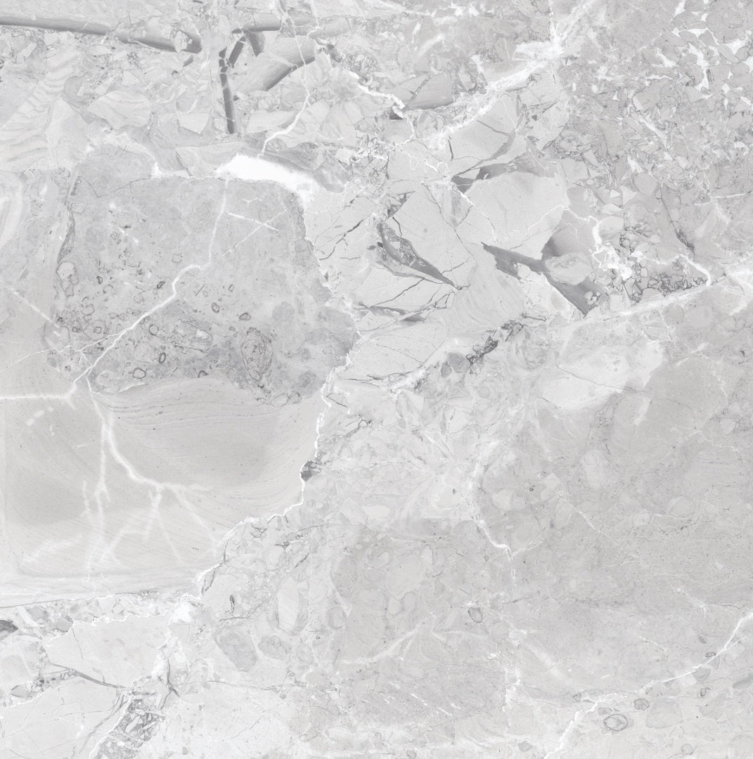 Earthstone Pearl glossy porcelain tile with a grey stone design, for floors and walls. Made in Spain, in a 24x24" size.