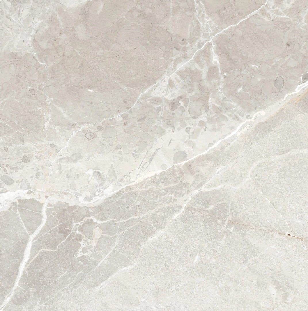 Earthstone Stone glossy porcelain tile with a taupe stone design, for floors and walls. Made in Spain, in a 24x24" size.