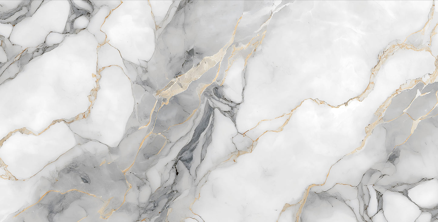 Enchanted polished porcelain tile with a white, gold, and grey marble design, for floors and walls. In a 24x48" size.