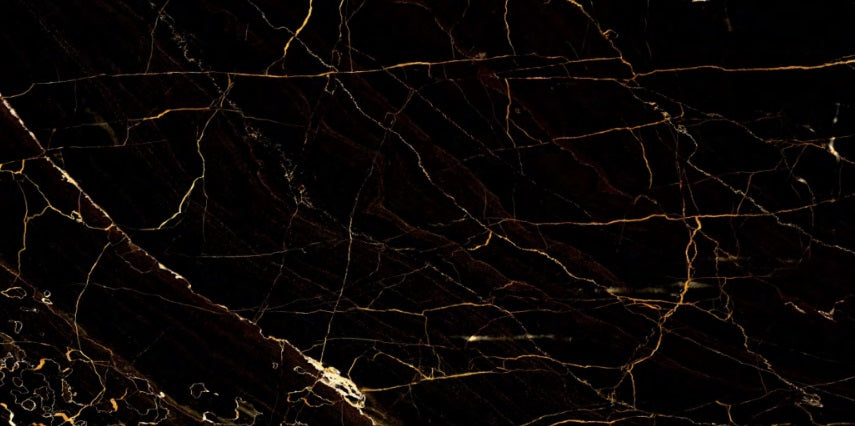 Esperada Black polished porcelain tile with a black and gold marble design, for floors and walls. In a 24x48" size.
