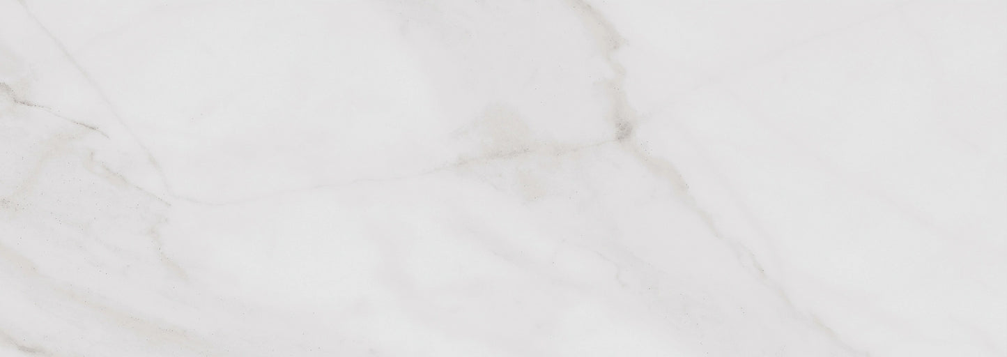 Essential White glossy ceramic tile with a white and grey marble design, for walls. Made in Spain, installed in a room.