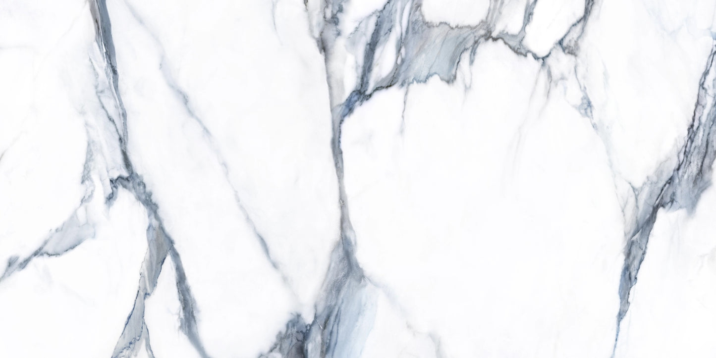 Fantasy Acqua polished porcelain tile with a white and blue marble design, for floors and walls. In a 24x48" size.