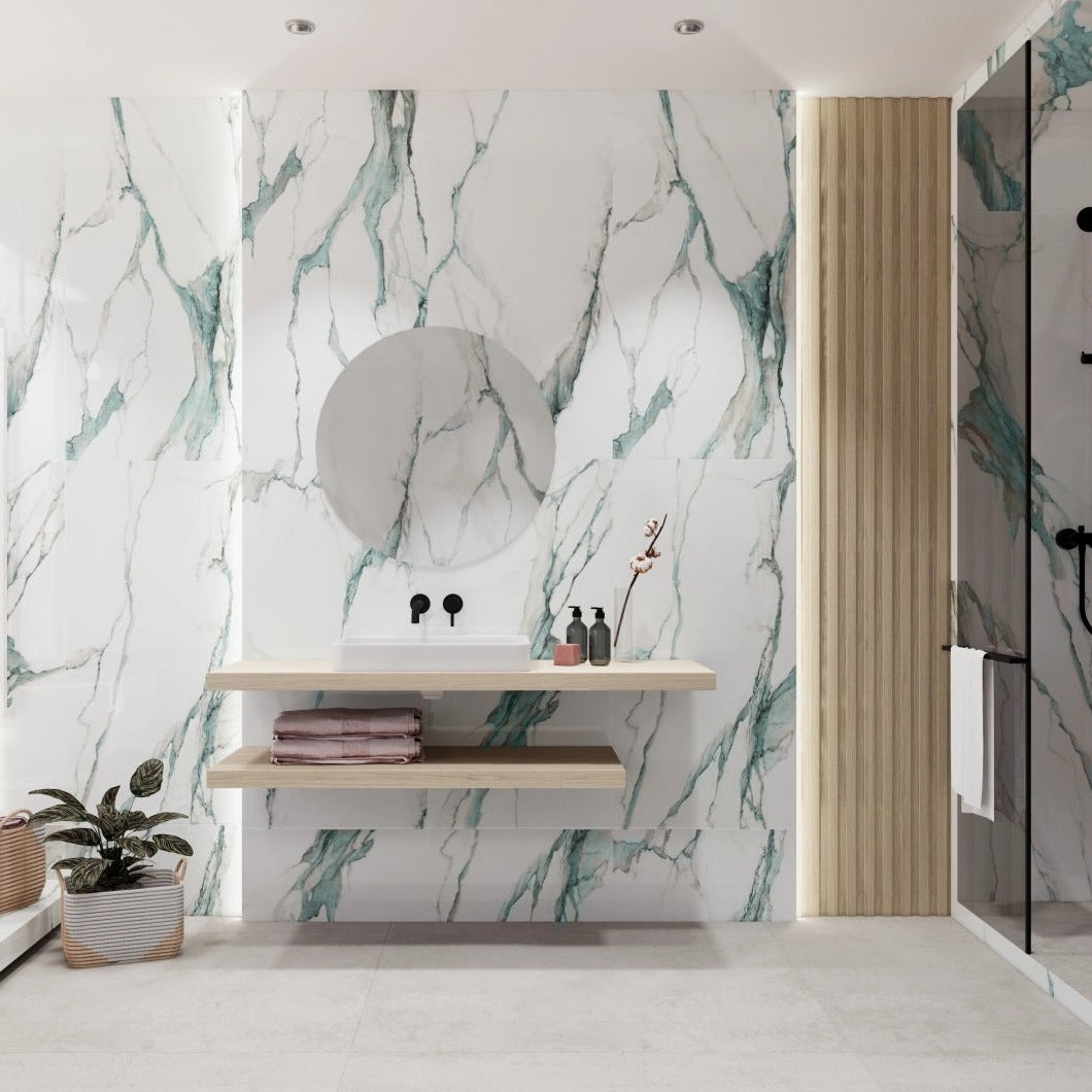 Fantasy Green polished porcelain tile with a white marble design, for floors and walls. Installed in a room.