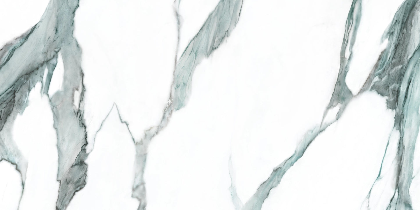 Fantasy Green polished porcelain tile with a white marble design, for floors and walls. Made in Spain, in a 24x48" size.