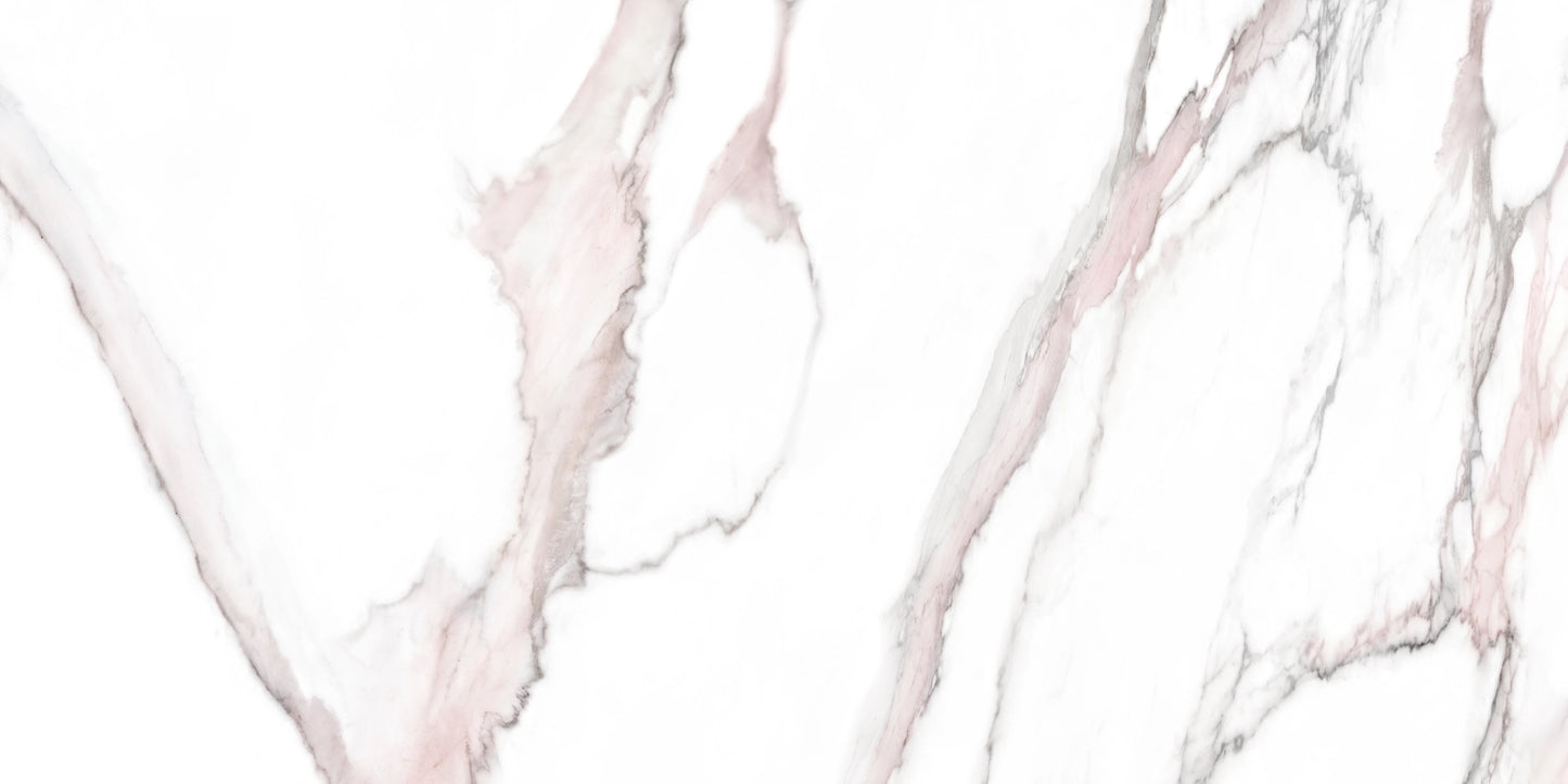 Fantasy Pink polished porcelain tile with a white marble design, for floors and walls. Made in Spain, in a 24x48" size.