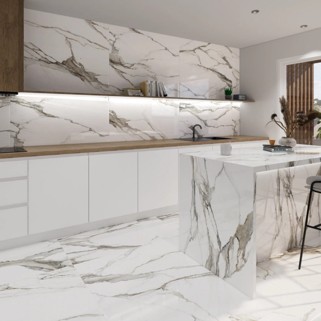 Fantasy Topo polished porcelain tile with a white and taupe marble design, for floors and walls. Installed in a room.