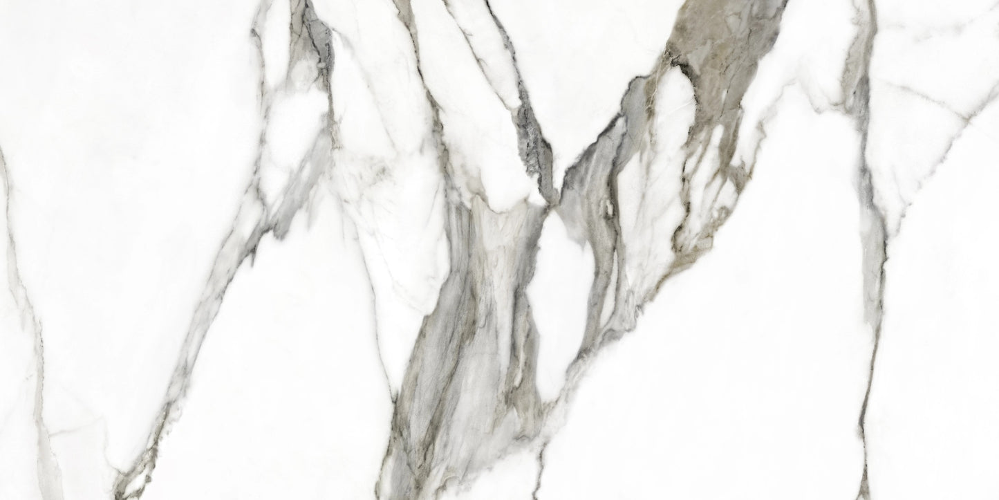 Fantasy Topo polished porcelain tile with a white and taupe marble design, for floors and walls. In a 24x48" size.