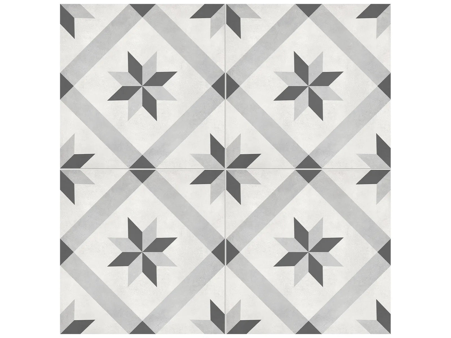 Form Ice Compass matte porcelain tile with a compass connecting pattern in white, grey, and black. In a 8x8" size.