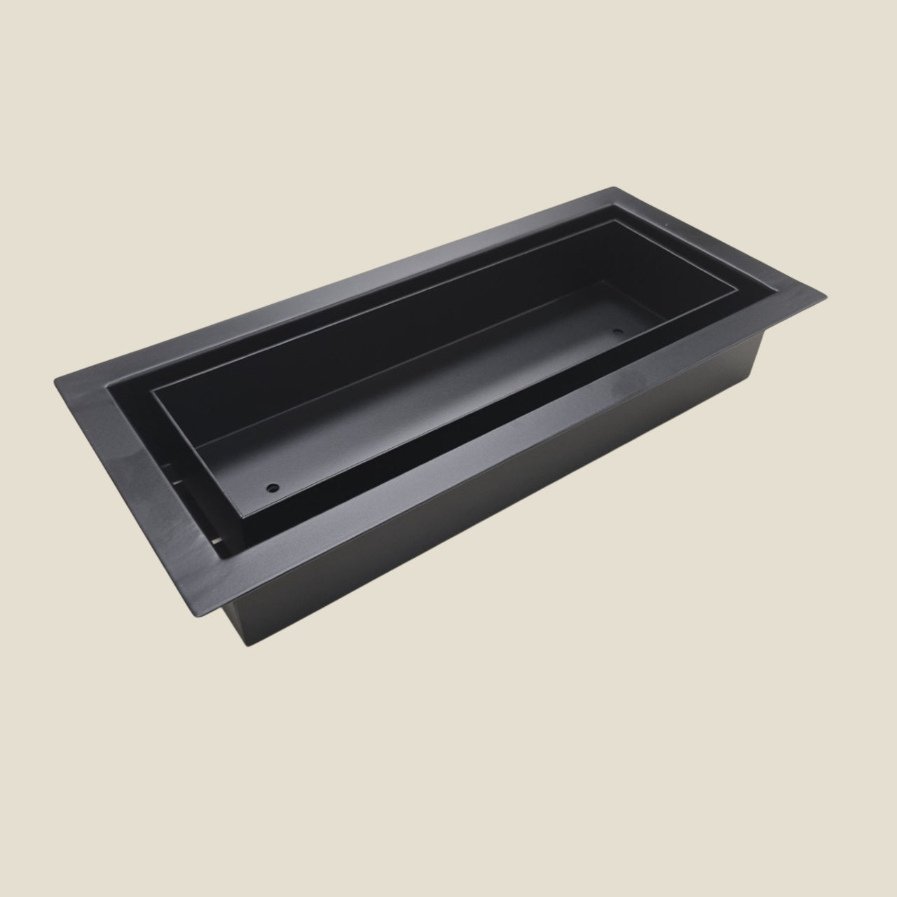 Framed stainless steel black floor vent in a 4x10" size, with a center opening for a tile insert.