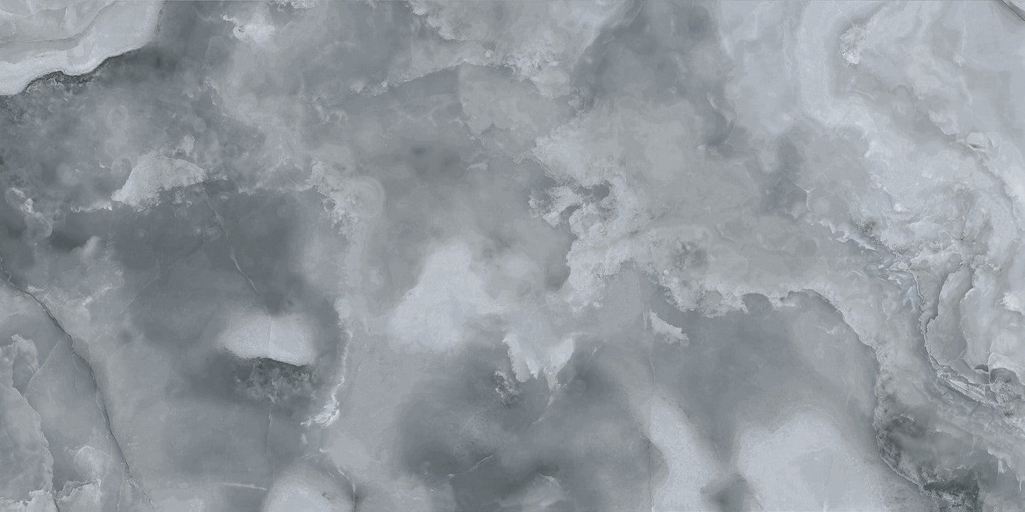 Glacial Valley polished porcelain tile with a grey/blue onyx design, for floors and walls. In a 24x48" size.