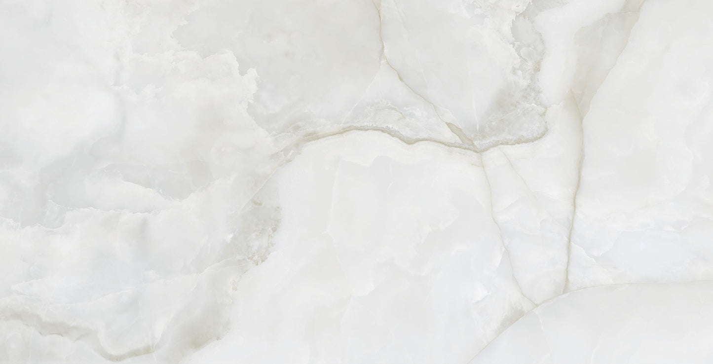 Glacial Valley polished porcelain tile with an off-white/ivory onyx design, for floors and walls. In a 24x48" size.