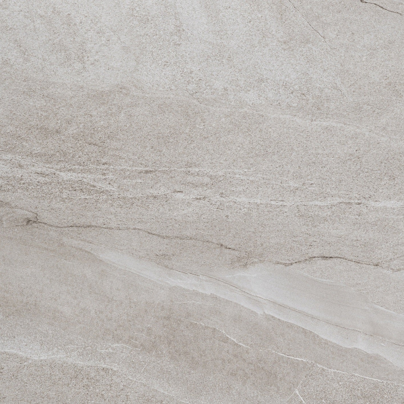 Halley Light matte porcelain tile with a greige stone design, for floors and walls. Made in Spain, in a 24x24" size.