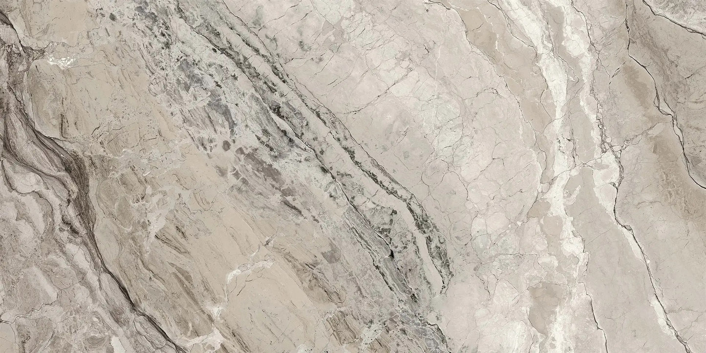 Illusion grey and beige stone look matte porcelain tile for floor and wall made in Italy. 24x48" size.